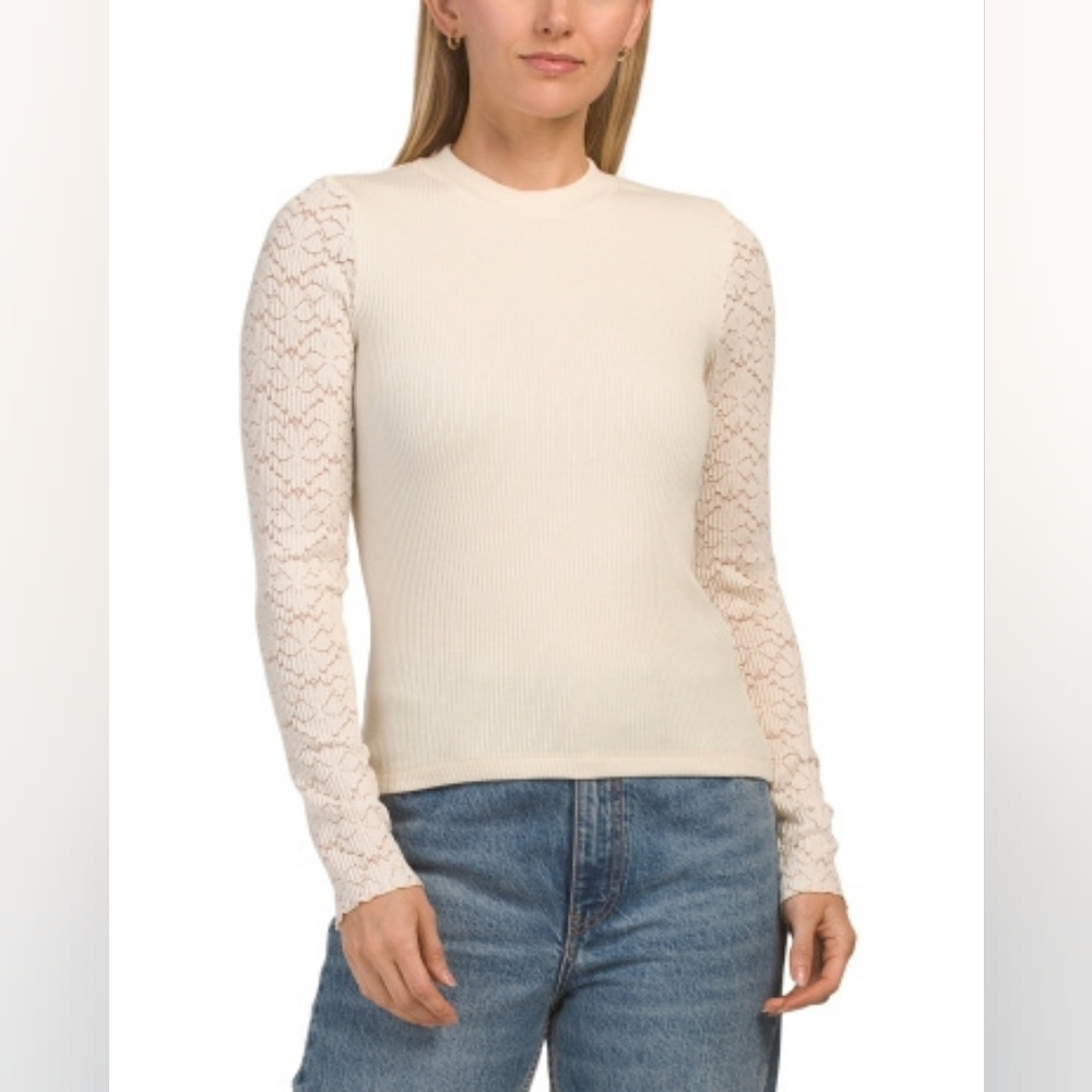 NWT - Melloday Ivory Long Sleeve Lace Detail Stretch Top - Size L